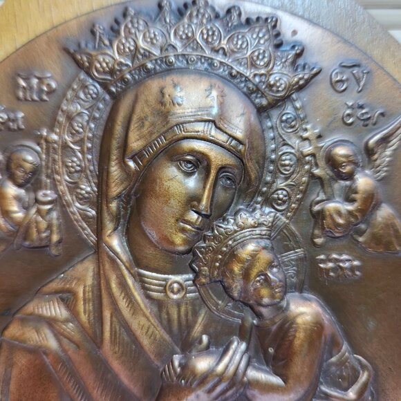 Our Lady of Perpetual Help Virgin Mary Religious Copper Wall Hanging Oak Base - Picture 5 of 6